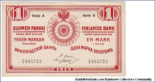 1 markka Serie A
7 serial number
	
This note is made of 19.09.-31.12. 1915 Banknote