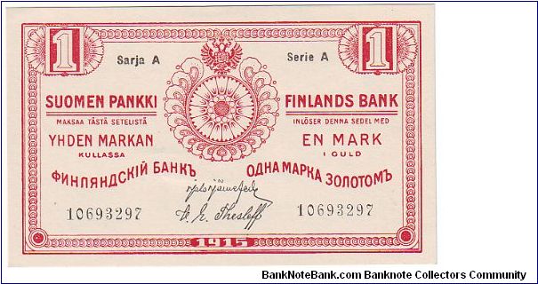 1 markka
Serie A
8 serial number

This note is made of 03.01.-23.09. 1916 Banknote