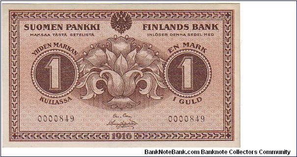 1 markka
7 serial number

Relatively rare (low serial number)

This note is made of 09.10.1916 Banknote