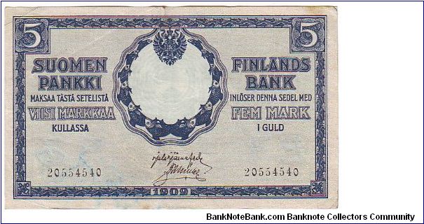 5 markkaa
Rebellion of the government printing of banknotes  

This note is made of 04.04.1918 Banknote