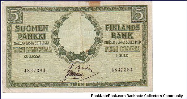 5 markkaa
This note is made of 31.1.-29.2. 1920 Banknote