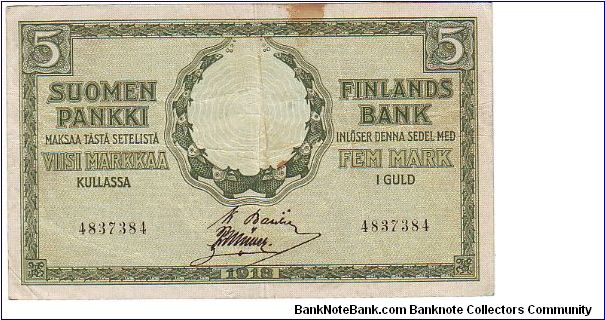 5 markkaa
This note is made of 31.1.-29.2. 1920 Banknote