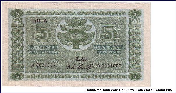 5 markkaa Litt.A 

Moderate rare (low serial number)

This note is made of 26.06.-30.06. 1926 Banknote