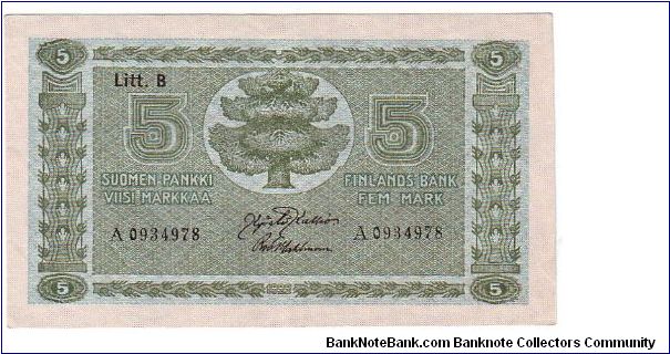 5 markkaa Litt.B  This note is made 07.10.-16.10.  1929 Banknote