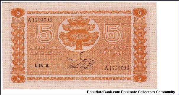 5 markkaa Litt.A  This note is made 1945 Banknote