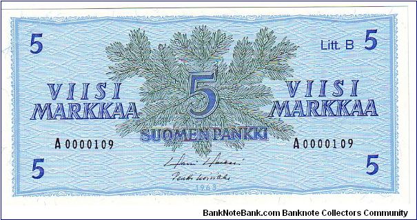 5 markkaa Litt.B 

Low serial number

This note is made 1980 Banknote