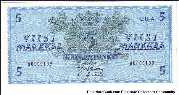 5 markkaa Litt.A 

Low serial number

This note is made 1976 Banknote