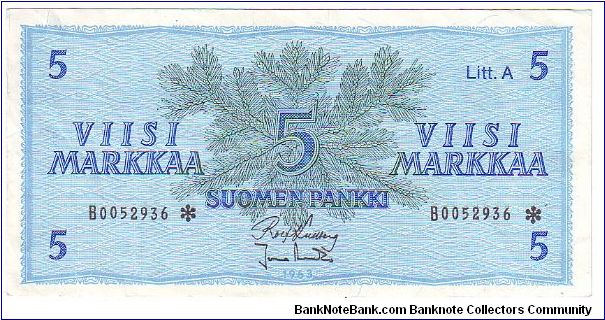 5 markkaa Litt.A 

The replacement of banknotes (asterisk)

This note is made of 1976 Banknote