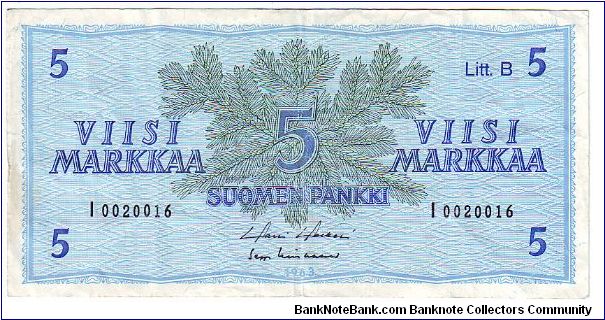 5 markkaa Litt.B

The replacement note i-series (without the stars)

This note is made of 1982 Banknote