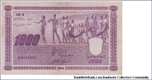 1000 markkaa Litt.B 
This note is made of 1948 Banknote