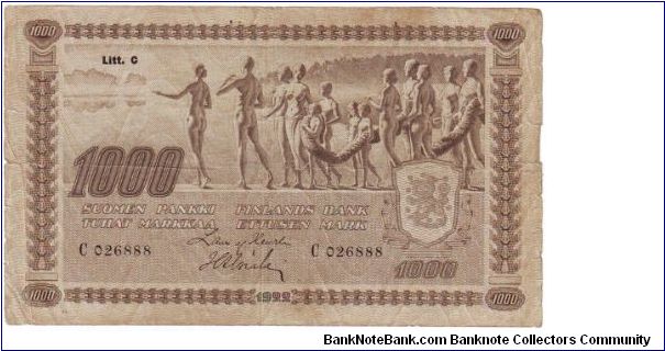 1000 markkaa Litt.C 

This note is made of 11.9.-14.9. 1939 Banknote