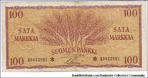 100 markkaa 
The replacement of banknotes (asterisk)
	
This note is made of 1957 Banknote