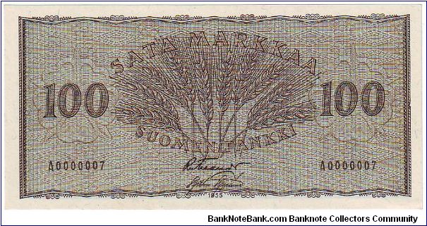 100 markkaa 1955
Very rare (very low serial number)	
This note is made of 1955 Banknote