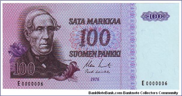 100 markkaa 1976
Rare (very low serial number)
	
This note is made of 1980 Banknote