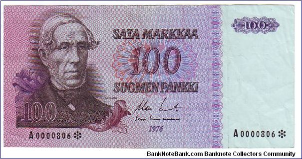 100 markkaa 1976
The replacement of banknotes (a small number)	
This note is made of 1976 Banknote