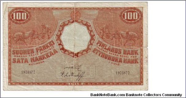 100 Markkaa

This note is made of 30.03.-06.04. 1921 Banknote