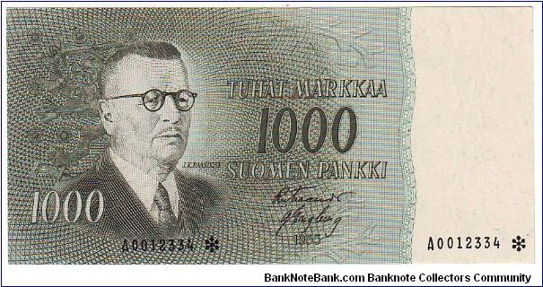1000 Markkaa serie A

Rare

Banknote size 142 X 69mm (inch 5,591 X 2,717)

Made of 301,220 pieces

The replacement of banknotes (asterisk)

	
This note is made of 1956 Banknote