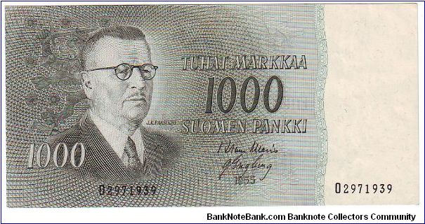 1000 markaa Serie O

Banknote size 142 X 69mm (inch 5,591 X 2,717)

Made of 10,000,000 pieces
	
This note is made of 1961 Banknote