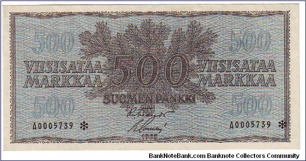 500 Markkaa

Rare

Banknote size 142 X 69mm (inch 5,591 X 2,717)

Made of 34,185 pieces

The replacement of banknotes (asterisk) Uncommon in this condition
	
This note is made of 1956 Banknote