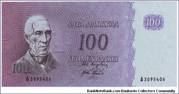 100 Markkaa Serie A

Banknote size 142 X 69mm (inch 5,591 X 2,717)

Made of 10,000,000 pieces
	
This note is made of 1962 Banknote