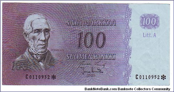 100 Markkaa Litt.A Serie C

	
The replacement of banknotes (asterisk)	

Banknote size 142 X 69mm (inch 5,591 X 2,717)

Made of 20,000 pieces


This note is made of 1972 Banknote