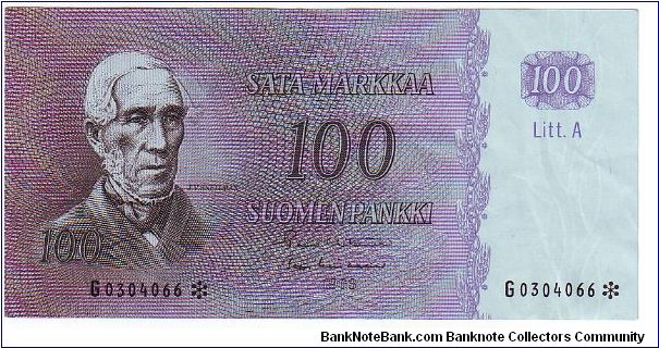 100 Markkaa Litt.A Serie G

The replacement of banknotes (asterisk)

Banknote size 142 X 69mm (inch 5,591 X 2,717)

Made of 48,000 pieces 

This note is made of 1976 Banknote