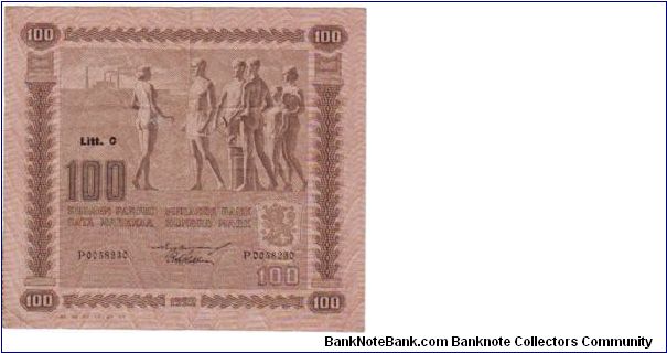 100 Markkaa Litt.C Serie P

Banknote size 136 X 120mm (inch 5,354 X 4,724)

This note is made of 10.12.-28.12. 1936 Banknote