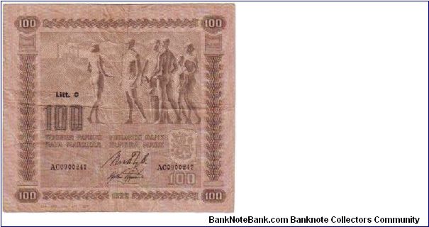 100 Markkaa Lit.C Serie AC

Banknote size 136 X 120mm (inch 5,354 X 4,724)

This note is made of 01.04.-13.04. 1940 Banknote