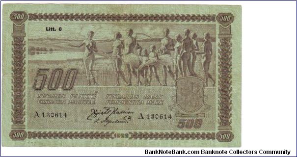 500 Markkaa Litt.C Serie A 

Banknote size 204 X 120mm (inch 8,031 X 4,724)

This note is made of 28.11.-13.12. 1932 Banknote