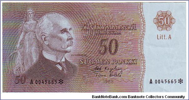50 markkaa Litt.A

Very rare (only printed 8000 copies)
The replacement of banknotes (asterisk)

Banknote size 142 X 69mm (inch 5,59 X 2,716)


	
This note is made of 1969 Banknote