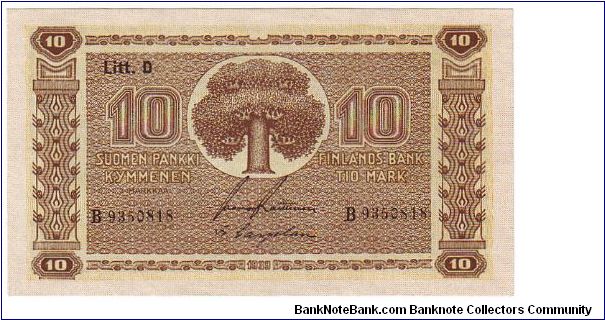 10 Markkaa Litt.D Serie B

Banknote size 119 X 67mm (inch 4,685 X 2,637)


This note is made of 15.09.-30.09. 1943 Banknote