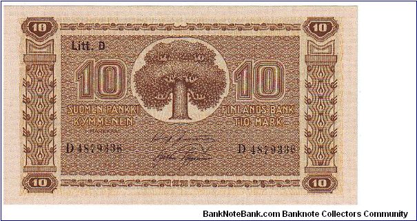 10 Markkaa Litt.D Serie D

Banknote size 119 X 67mm (inch 4,685 X 2,637)

This note is made of 09.07.-21.07. 1945 Banknote