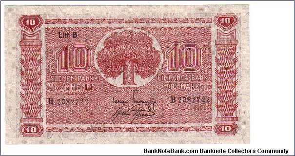 10 Markkaa Litt.B Serie B

Banknote size 120 X 67mm (inch 4,724 X 2,637)

This note is made of 1948 Banknote