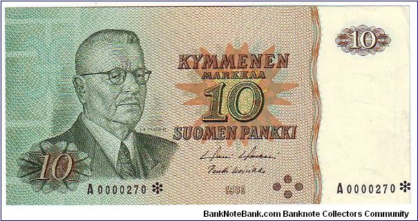 10 Markkaa Serie A

The replacement of banknotes (asterisk)
Moreover, even a small number

Banknote size 142 X 69mm (inch 5,59 X 2,72)

This note is made of 1980 Banknote