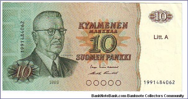 10 Markkaa Litt.A

The replacement of banknotes (199...)

Banknote size 142 X 69mm (inch 5,59 X 2,72)
 
This note is made of 1984 Banknote