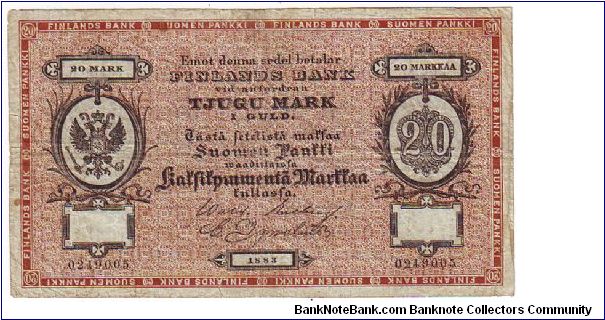 20 Markkaa

Rare

Banknote size 139 X 78mm (inch 5,472 X 3,07)
 
This note is made of 13.03.-28.03. 1885 Banknote