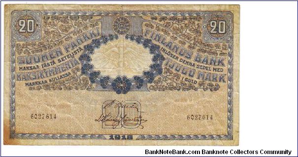 20 Markkaa

This money has been made of 6,580,000 pieces 


Banknote size 138 X 83mm (inch 5,43 X 3,268) 

This note is made of 06.10.-27.10. 1921 Banknote