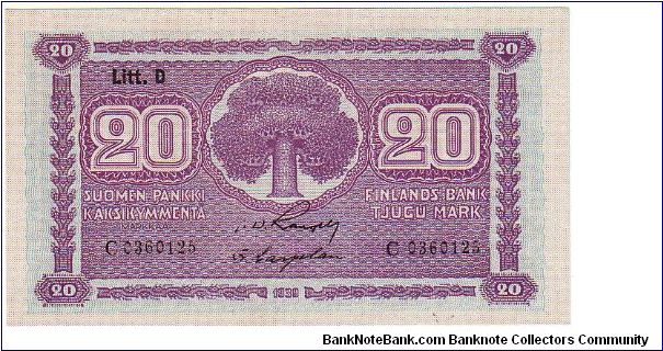 20 Markkaa Litt.D Serie C

This money has been made of 10,000,000 pieces 

Banknote size 119 X 67mm (inch 4,68 X 2,64) 

This note is made of 26.08.-01.09. 1943 Banknote