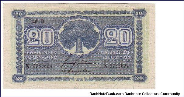 20 Markkaa Litt.B Serie N

This money has been made of 10,000,000 pieces 

Banknote size 119 X 67mm (inch 4,68 X 2,64) 

This note is made of 1952 Banknote