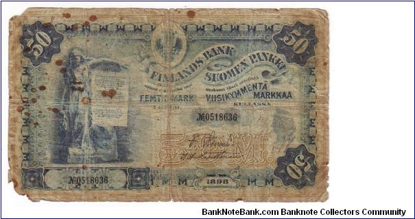 50 Markkaa

Rare 

This money has been made of 322,000 pieces
 
This note is made of 1906

Banknote size 159 X 94mm (inch 6,26 X 3,7) Banknote