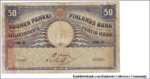 50 Markkaa Litt.A

Very rare

This note is made of 13.05.-21.05. 1918

This money has been made of 1.581.000 pieces 

Banknote size 155 X 92mm (inch 6,1 X 3,6) Banknote