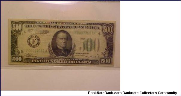 Series 1934A $500 note, Mule graded VF 25 by PCGS from the Rickey Collection.  Matches well with my $1,000 note. Banknote