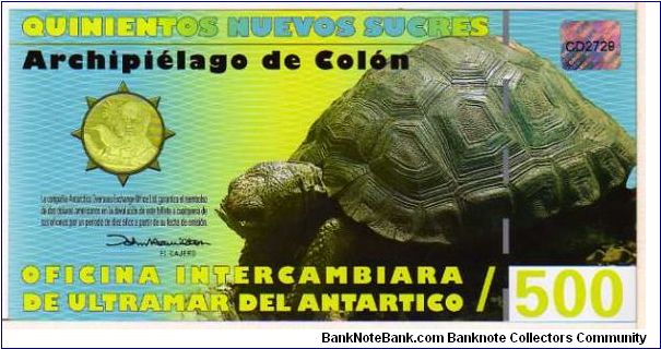 *ISLAS GALAPAGOS*__
500 Nuevos Sucres__
pk# New__
200° Aniversario do nascimiento de Charles Darwin__
12-February-2009__
Polymer Banknote