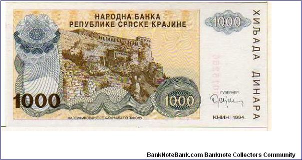 *SERBIAN REPUBLIC of KRAJINA*__


1000 Dinara__

pk# R 30 a__

Issue for the Serbian Occupied Krajina Region at Knin
 Banknote