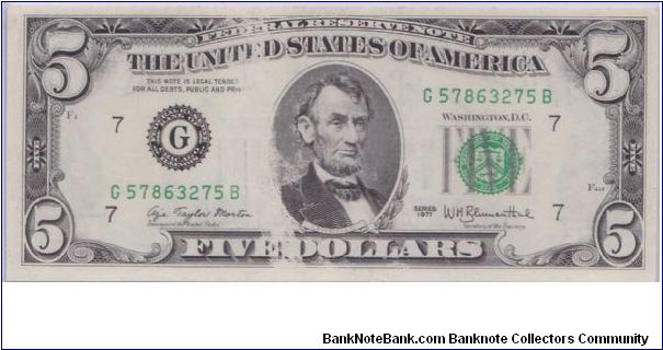 1977 $5 CHICAGO FRN

**INSUFFICENT INK ERROR** Banknote