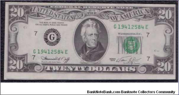 1974 $20 CHICAGO FRN


**MAJOR CUTTING ERROR**

#2 OF 4 CONSECUTIVE Banknote