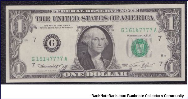 1974 $1 CHICAGO FRN

**PCGS 67PPQ**
**SUPERB GEM NEW**

4 7'S AT THE END OF THE SERIAL Banknote
