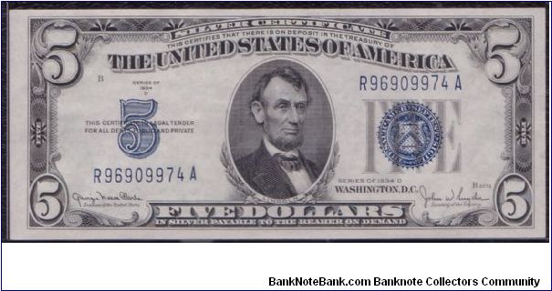 1934 D $5 SILVER CERTIFICATE Banknote