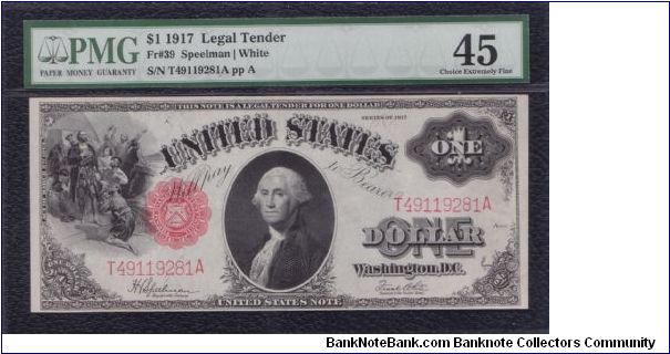 1917 $1 LEGAL TENDER

SPEELMAN/WHITE

**PMG 45**

FR#39 Banknote