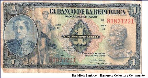 1 peso; January 1, 1945; Series R Banknote